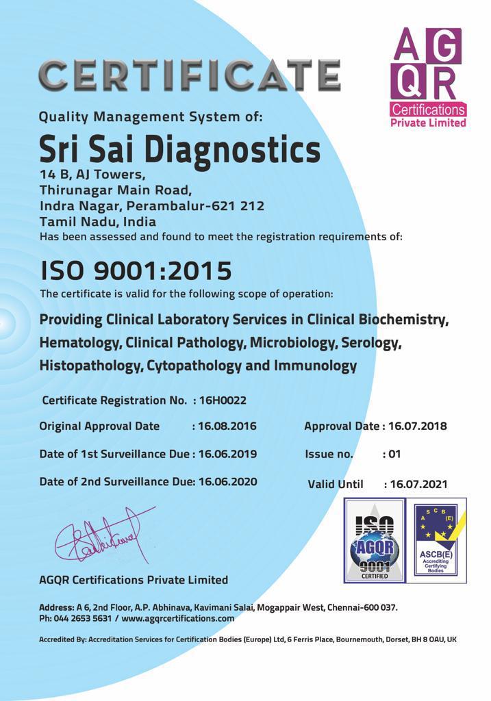 Sri Sai Diagnostics ISO 9001:2015 Quality Certificate